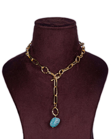 T-Bar Link Chain Long “Y†Necklace With Semi Precious Aqua Stone in Gold Finish