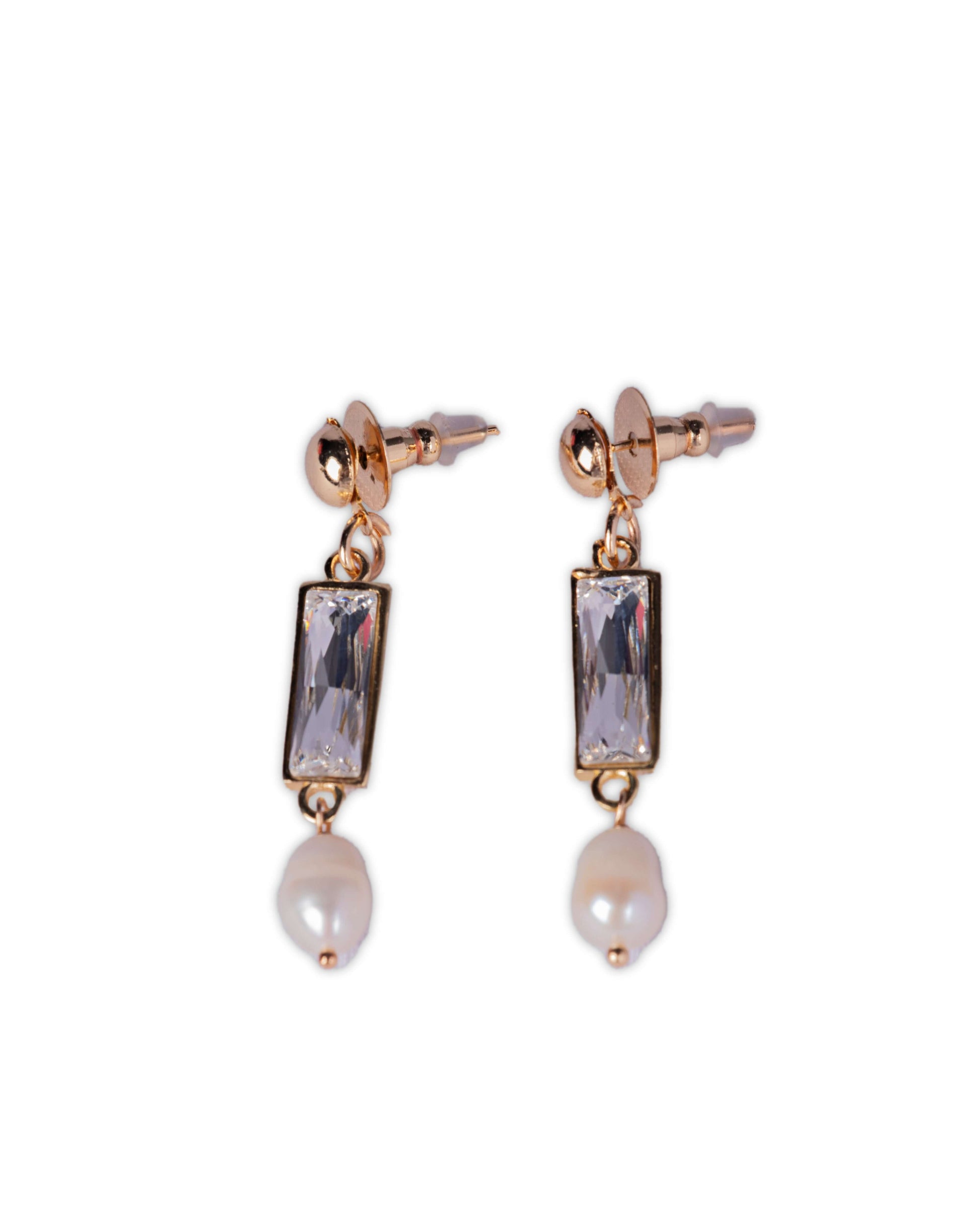 2 Stone Crystal Brass Metal Drop Earring in Lt Gold Metal Finish with Baroque Pearls