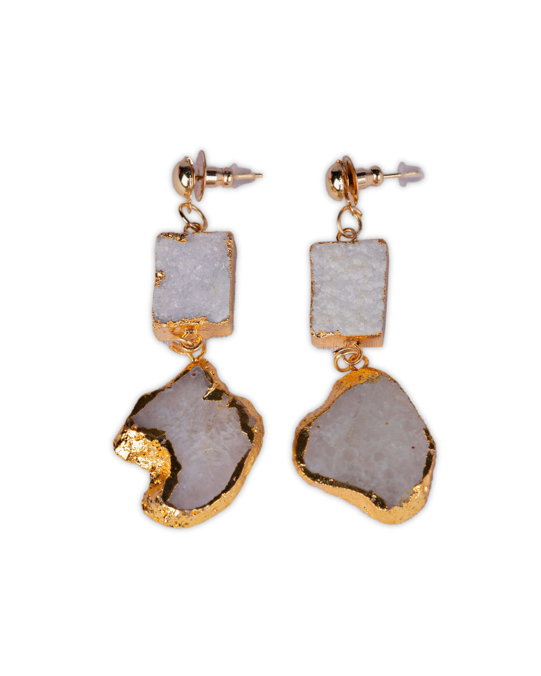 Large Semi Precious Druze / Agate Natural Stone Statement Earrings in Lt Gold Metal Finish.