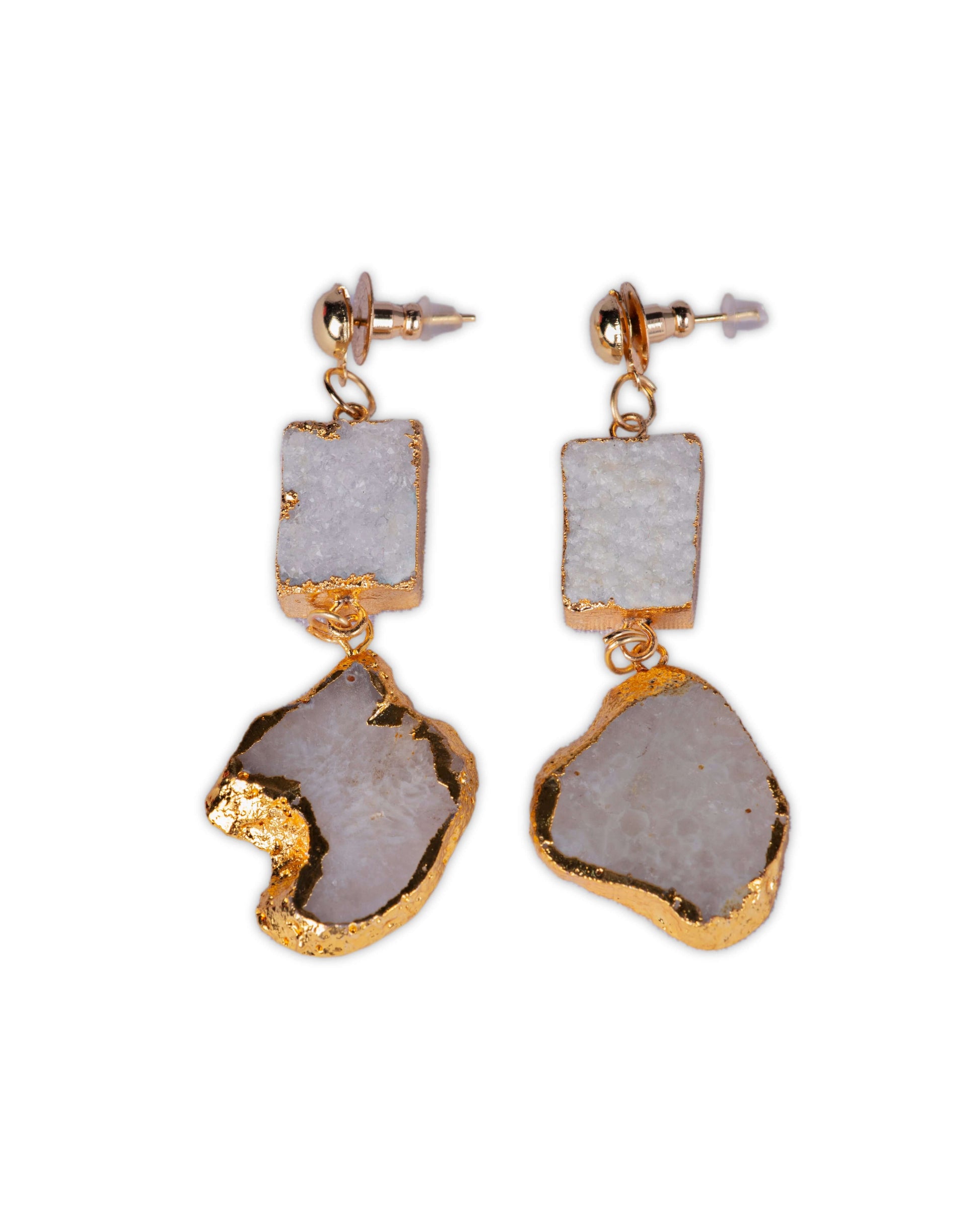 Large Semi Precious Druze / Agate Natural Stone Earrings in Lt Gold Metal Finish.