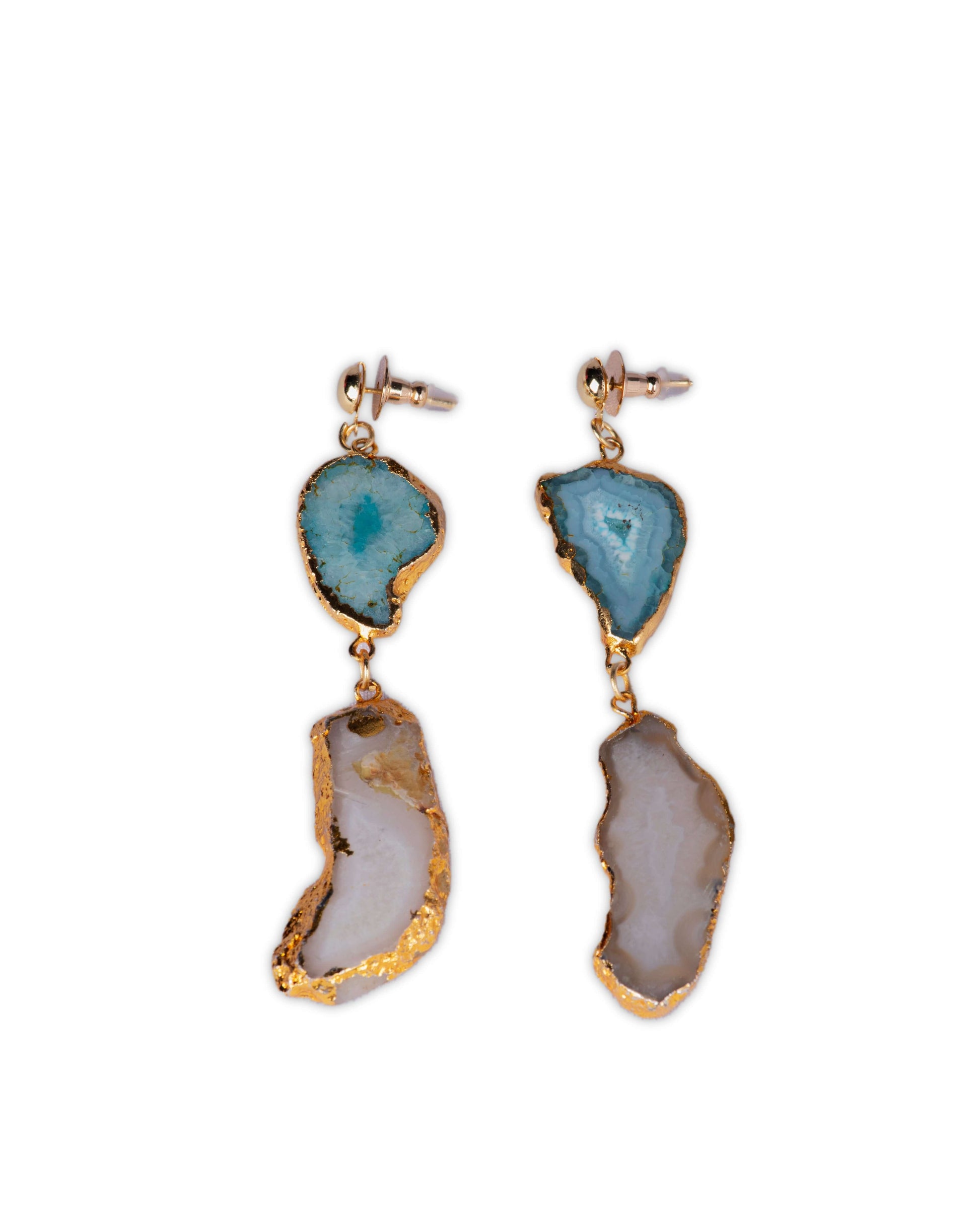 Blue stone Agate Natural Statement Earrings in Lt Gold Metal Finish