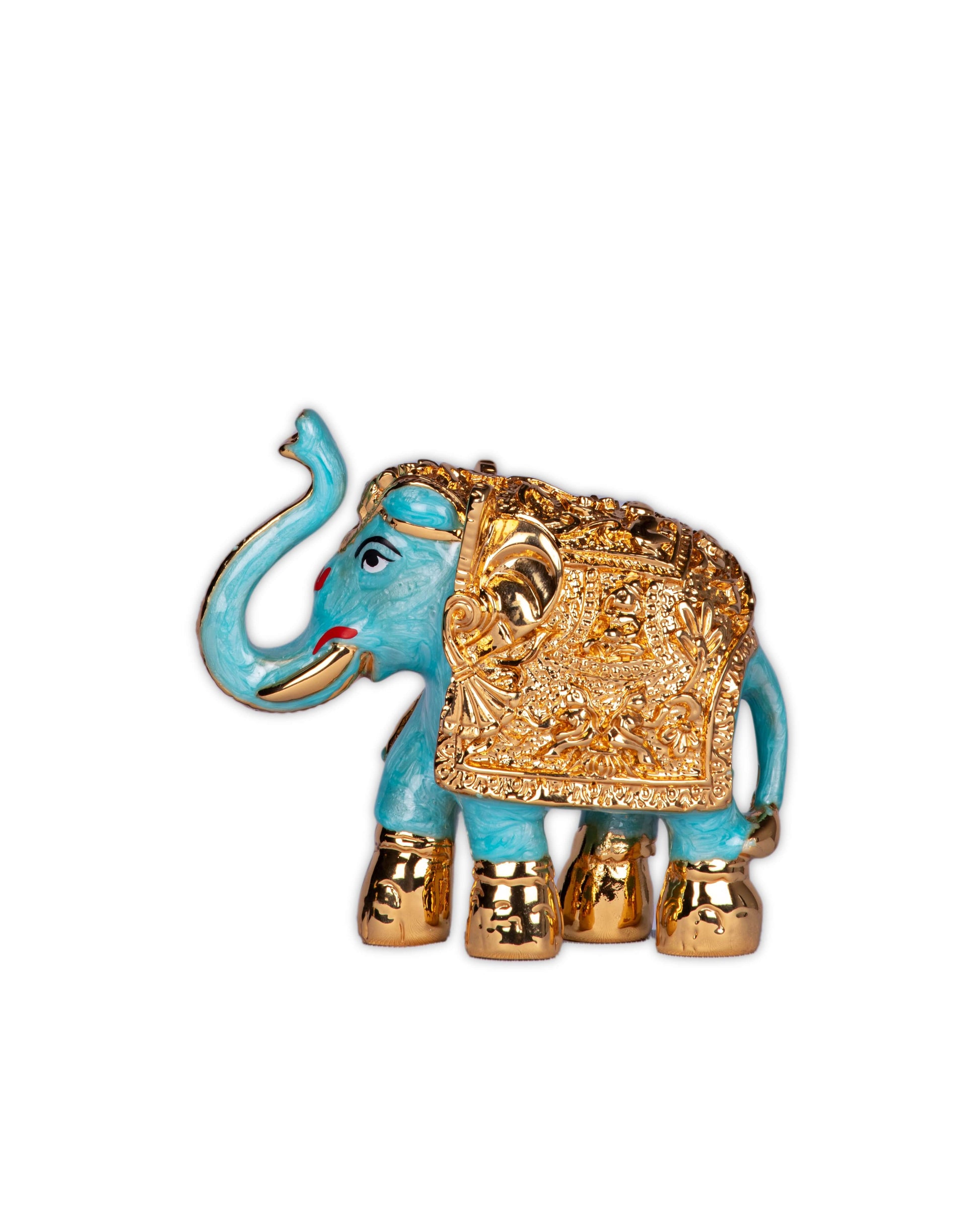 A gold-plated resin elephant show piece with blue accents, positioned against a purple background with decorative elements on both sides.