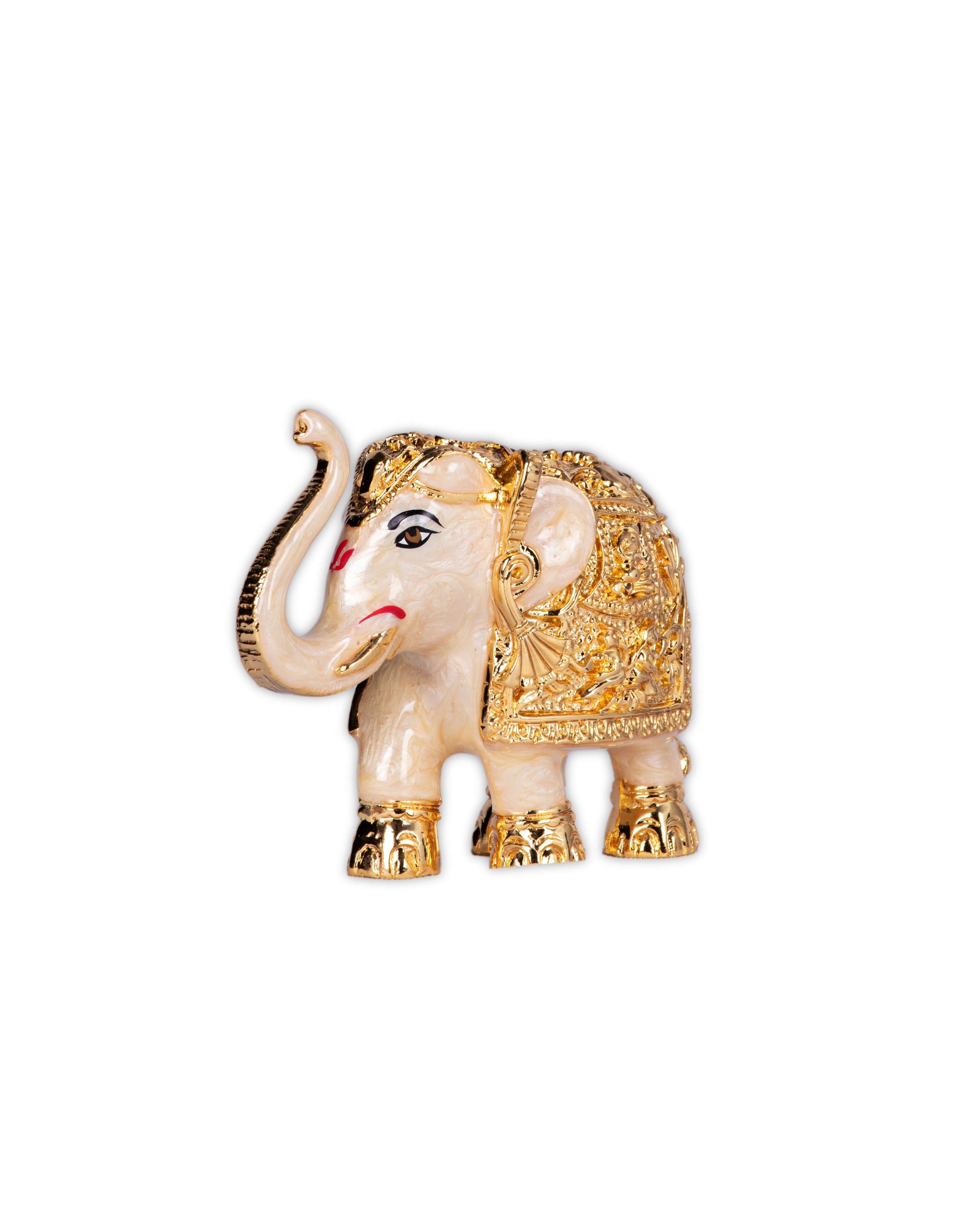 A gold-plated white resin elephant show piece with intricate patterns, displayed against a purple background.