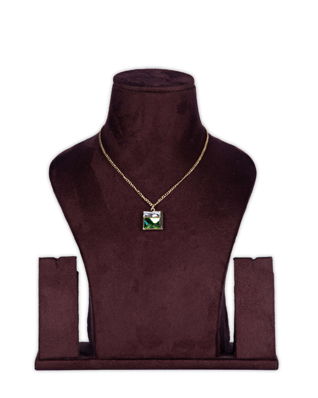 Crystal Brass 2 Stone green Pendant Necklace with Fine Brass Metal chain in Lt Gold Metal Finish
