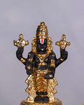Golden and dark statue of Lord Venkateswara (Balaji) adorned with crown and traditional ornaments, holding conch and discus.