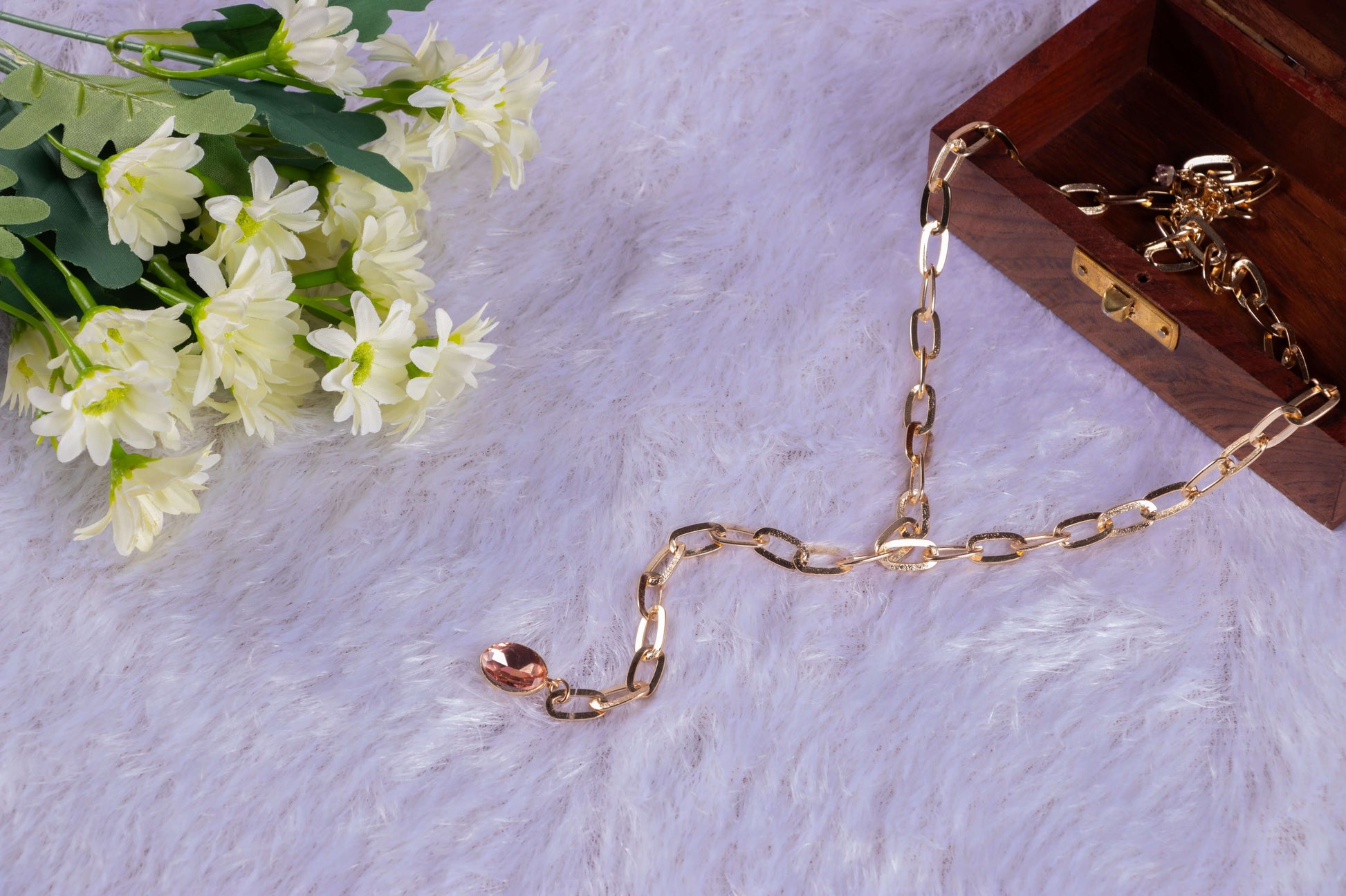 Swarovski Crystal Large Drop Y Statement Red Necklace with Fine Brass Metal Chain that half on the wooden box