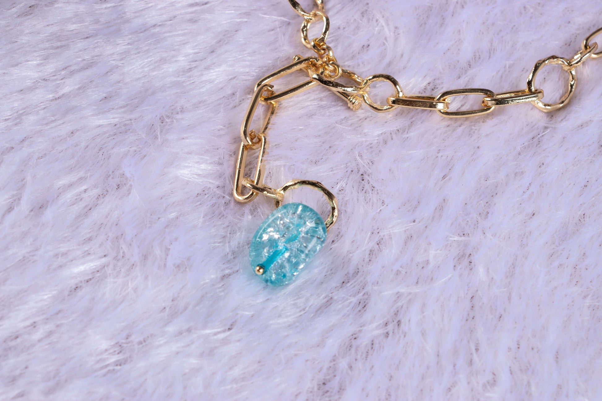 Blue stone Necklace With Semi Precious Aqua Stone in Gold Finish T-Bar Link Chain Long “Yâ€
