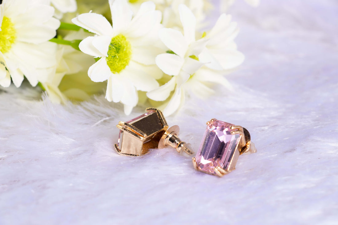 2 Stone Swarovski Crystal Elements SQ Rose Gold Stud Earring in Lt Gold Finish