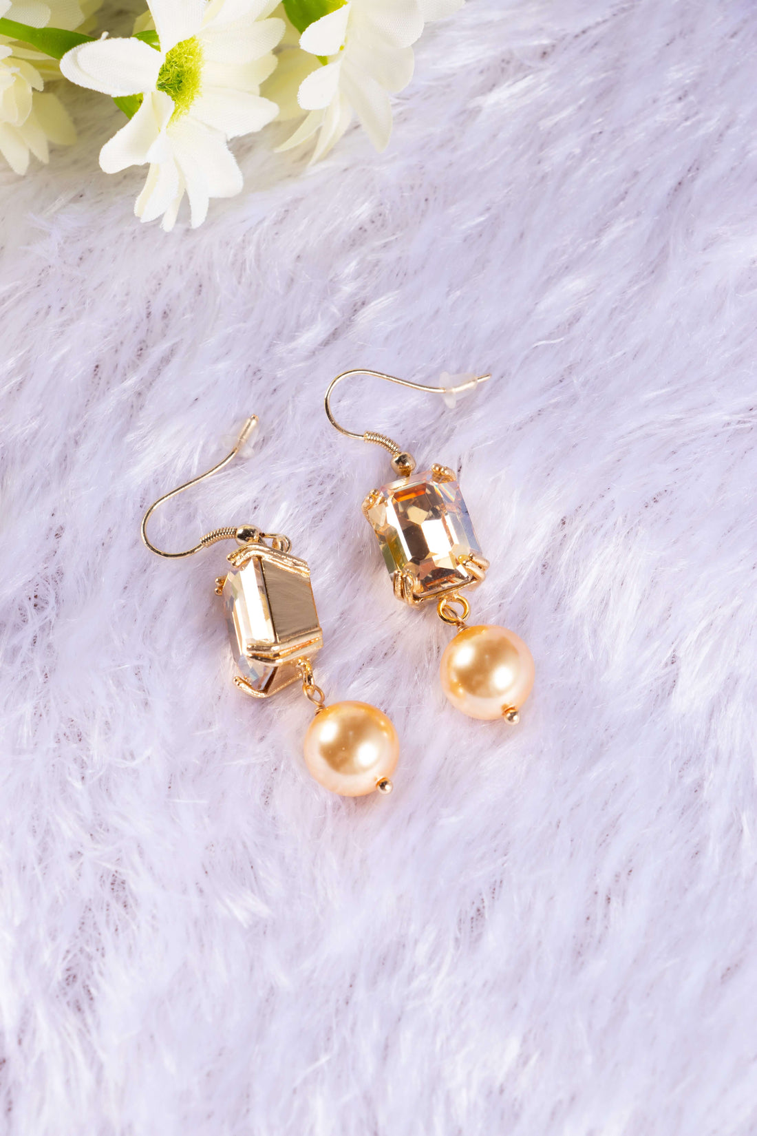 2 Stone Swarovski Crystal Elements Drop Stud Earring in Lt Gold Finish with Pearls from Swarovski in Gold Color