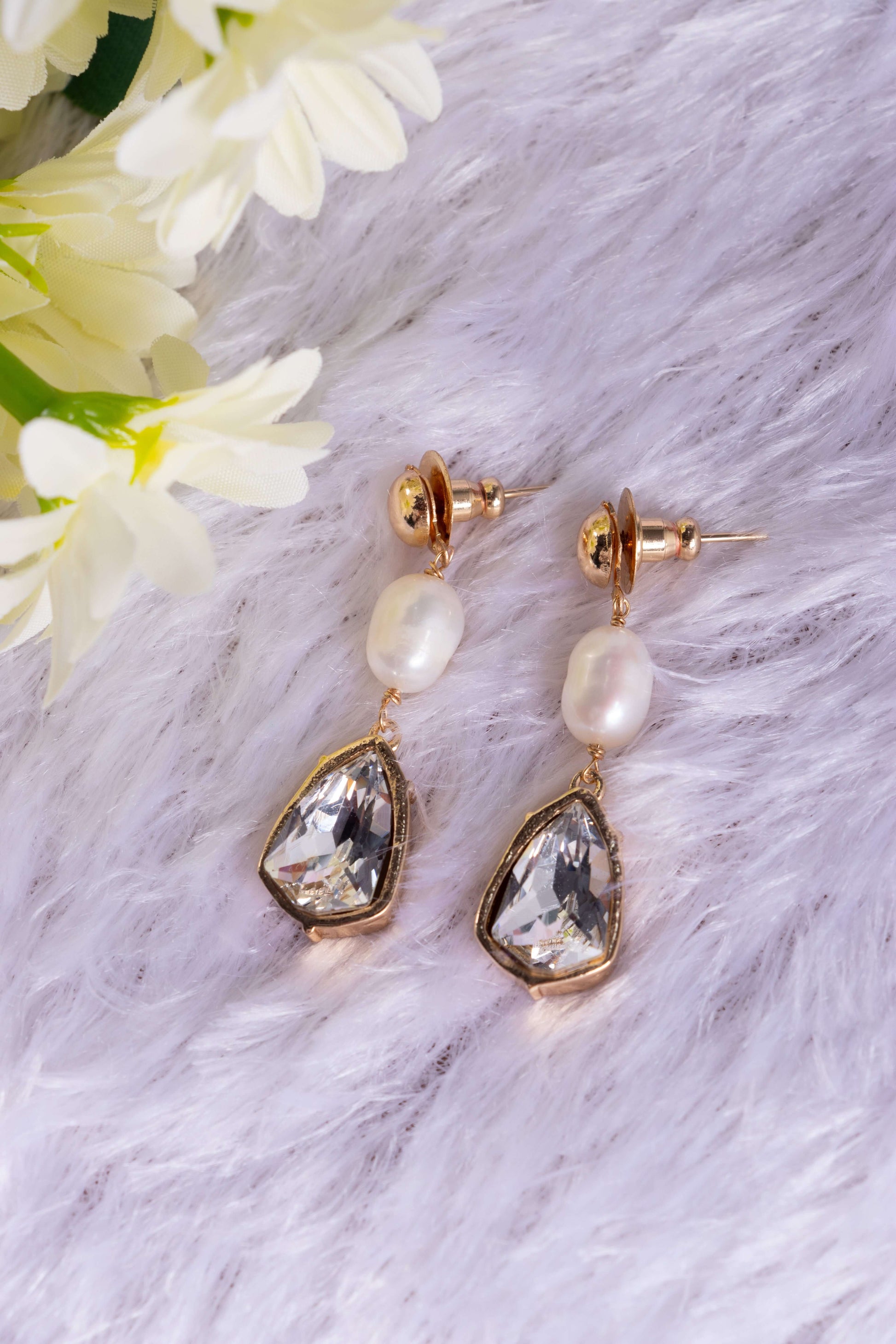 2 Stone Crystal Baroque Pearl Drop Earrings