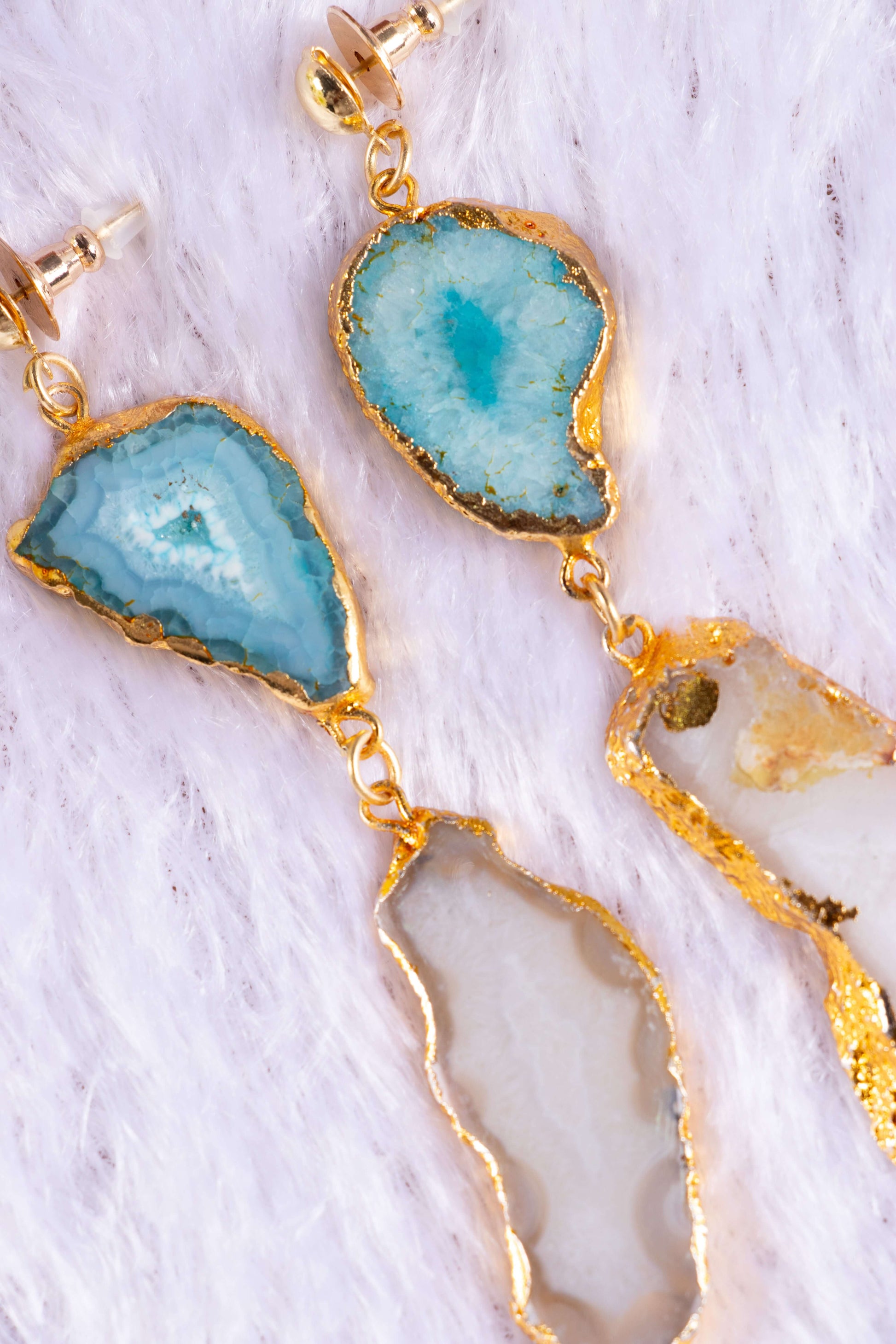 Agate Natural Blue Stone Statement Earrings in Lt Gold Metal Finish