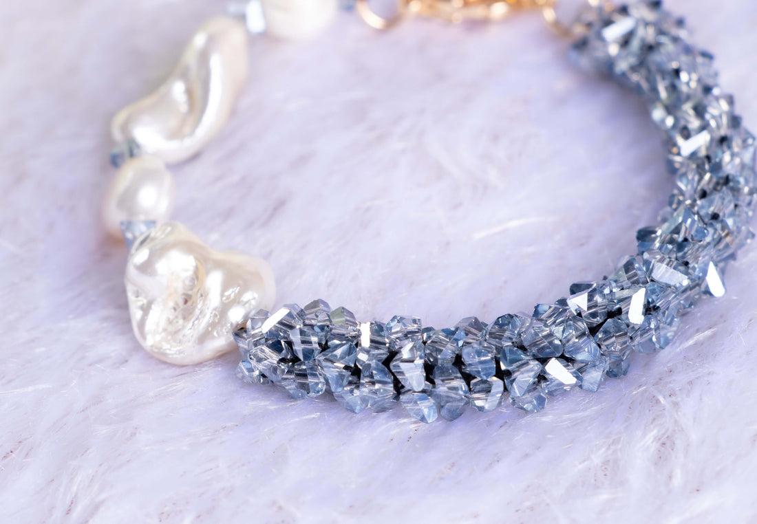 Half and Half Baroque Pearl and Crystal Wrapped Bead Bracelet