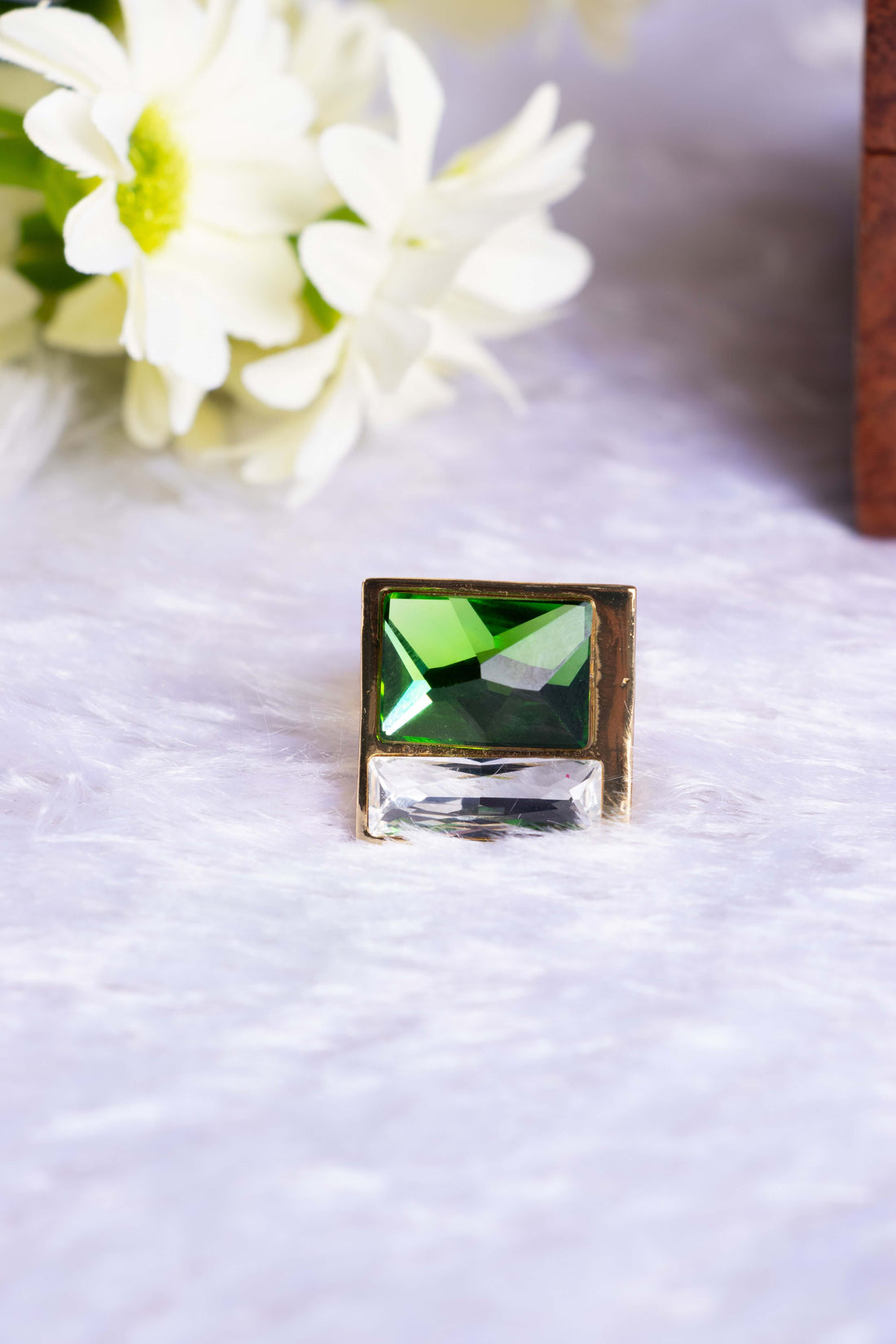 2 Stone Swarovski Crystal Brass Metal Finger Ring green