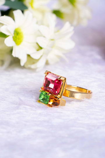 3 Stone Swarovski Crystal Brass Metal Finger Ring