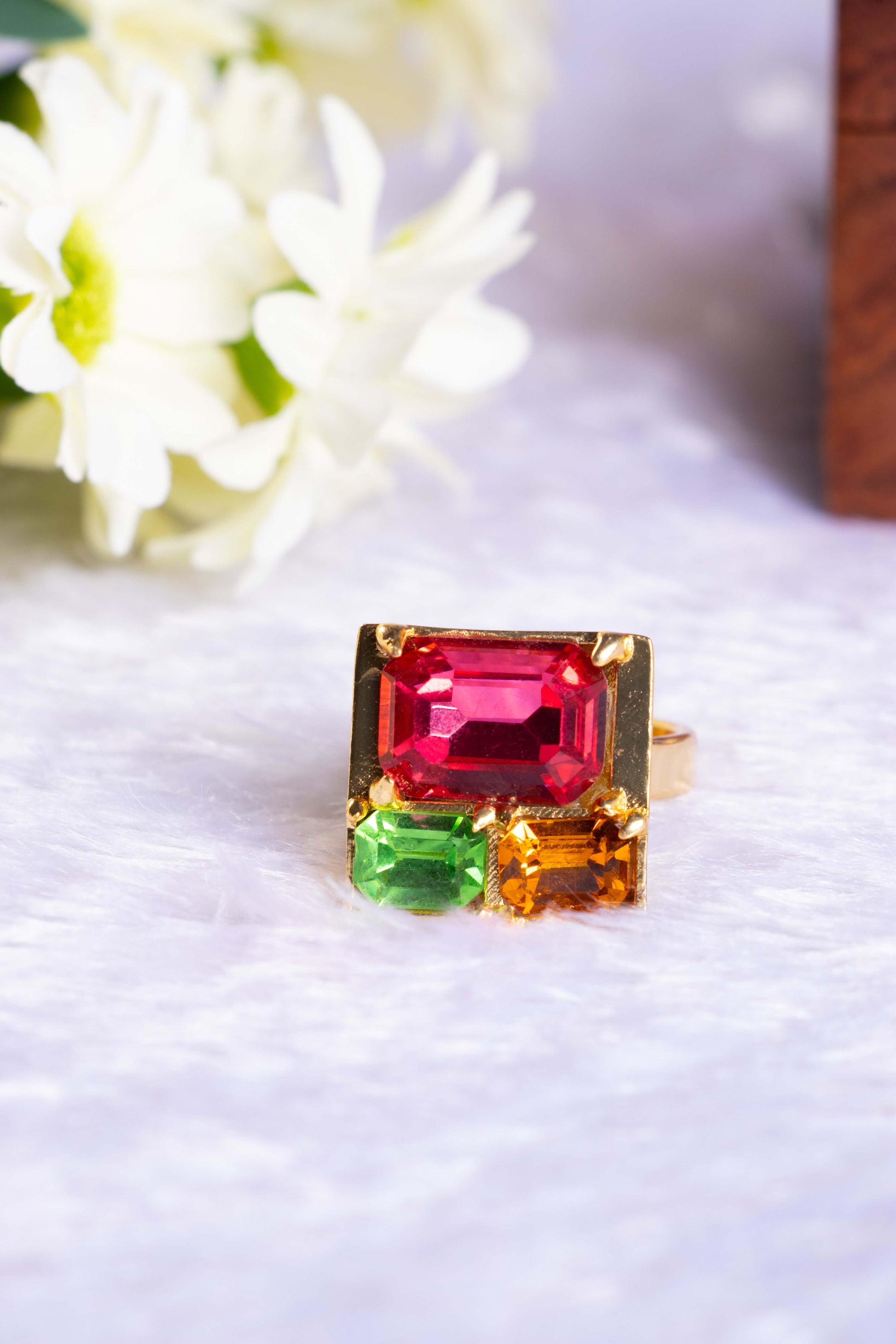 3 Stone  Crystal Brass Metal Finger Ring