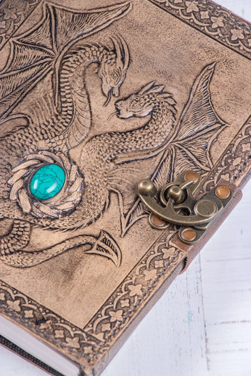 Handmade Leather Diary - Dragons with Turquoise Stone