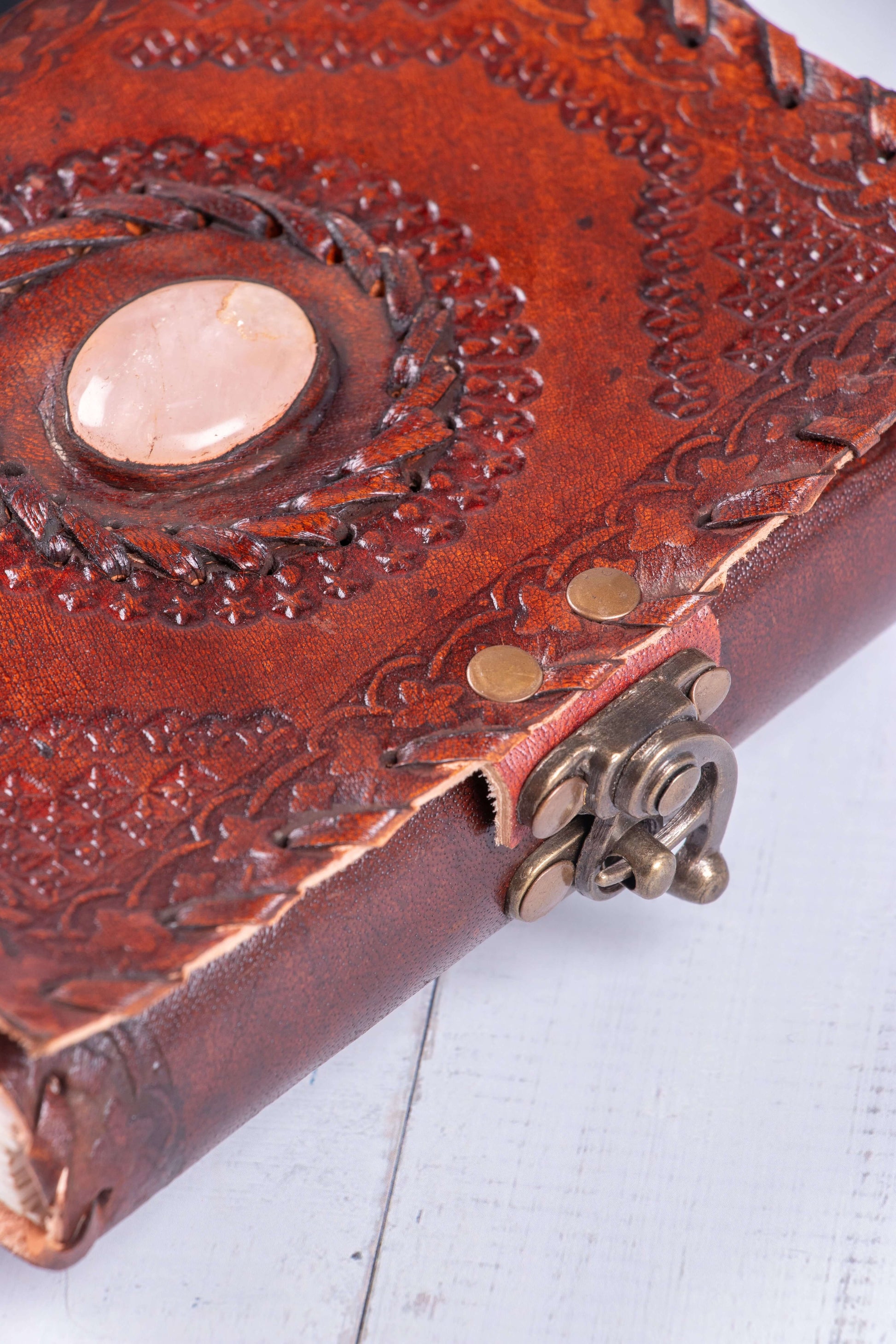 Handmade Leather Diary - Turquoise Stone close up photo
