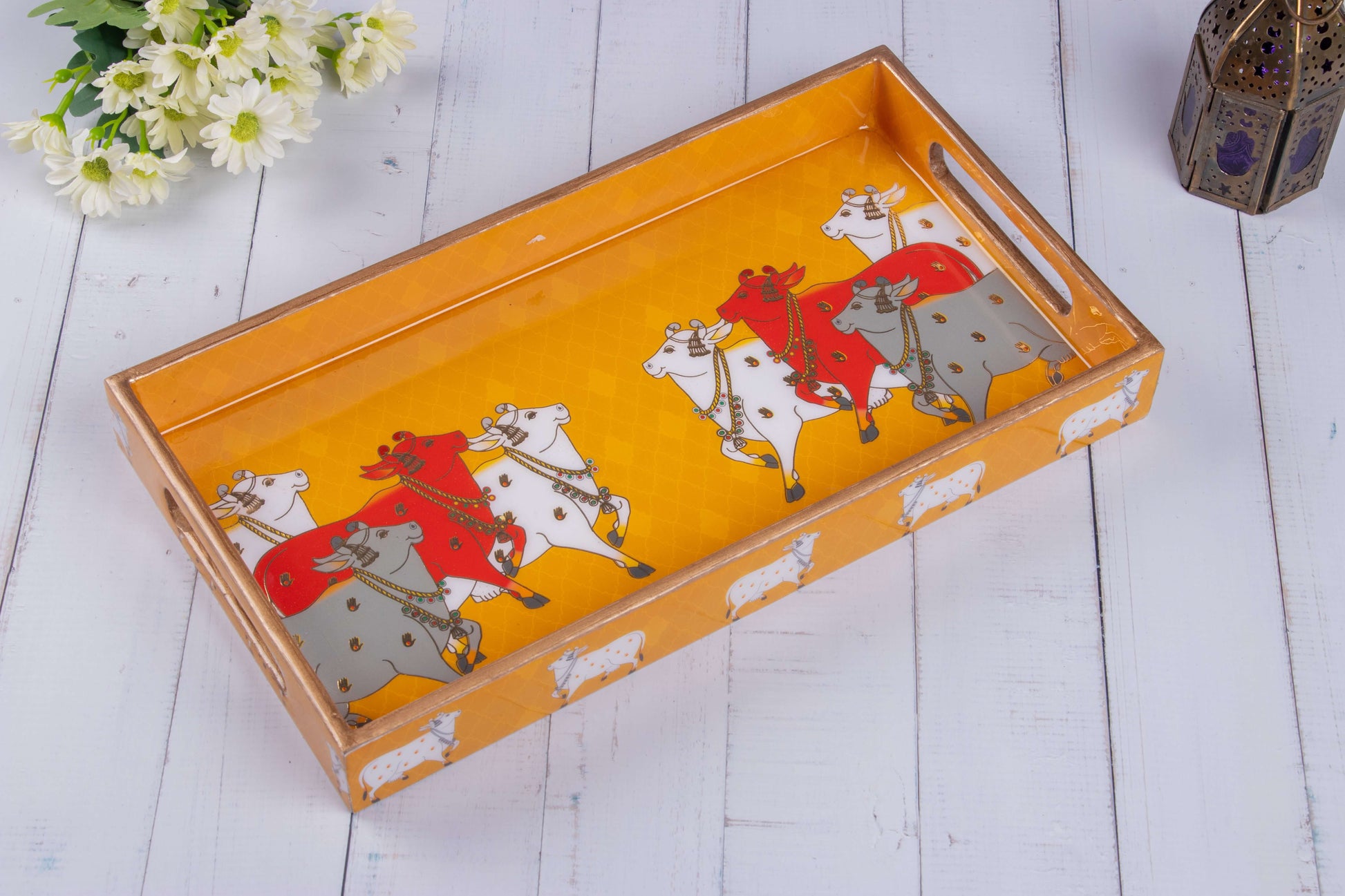 Yellow Wooden Pichwai Cow Tray with traditional design