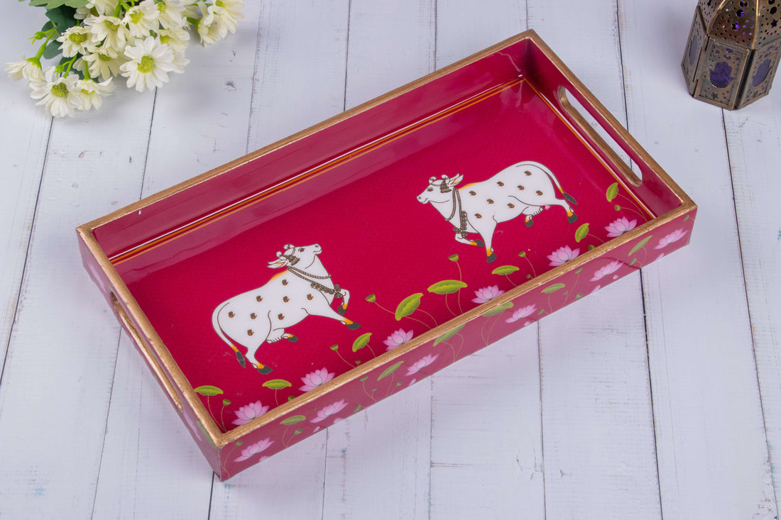 pink Wooden Pichwai Cow Tray with traditional design