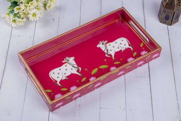 pink Wooden Pichwai Cow Tray with traditional design