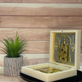 The image displays a gold-plated Lord Balaji Pocket Temple inside an open decorative box, next to a vibrant green artificial succulent plant in a textured grey ceramic pot, all set against a light wooden plank background.