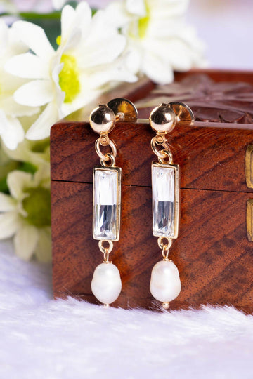 2 Stone Swarovski Crystal Brass Metal Drop Earring in Lt Gold Metal Finish with Baroque Pearls