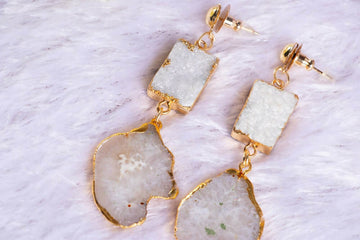 Large Semi Precious Druze / Agate Natural Stone Statement Earrings in Lt Gold Metal Finish.