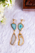 Large Semi Precious Druze / Agate Natural Stone Statement Earrings in Lt Gold Metal Finish