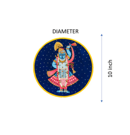 An image of a circular Pichwai wall plate featuring a blue-skinned Shrinathji figure on a dark blue, starry background with a golden border. The text "DIAMETER 10 inch" and a corresponding measurement arrow are visible on the right side of the image, indicating the size of the plate.