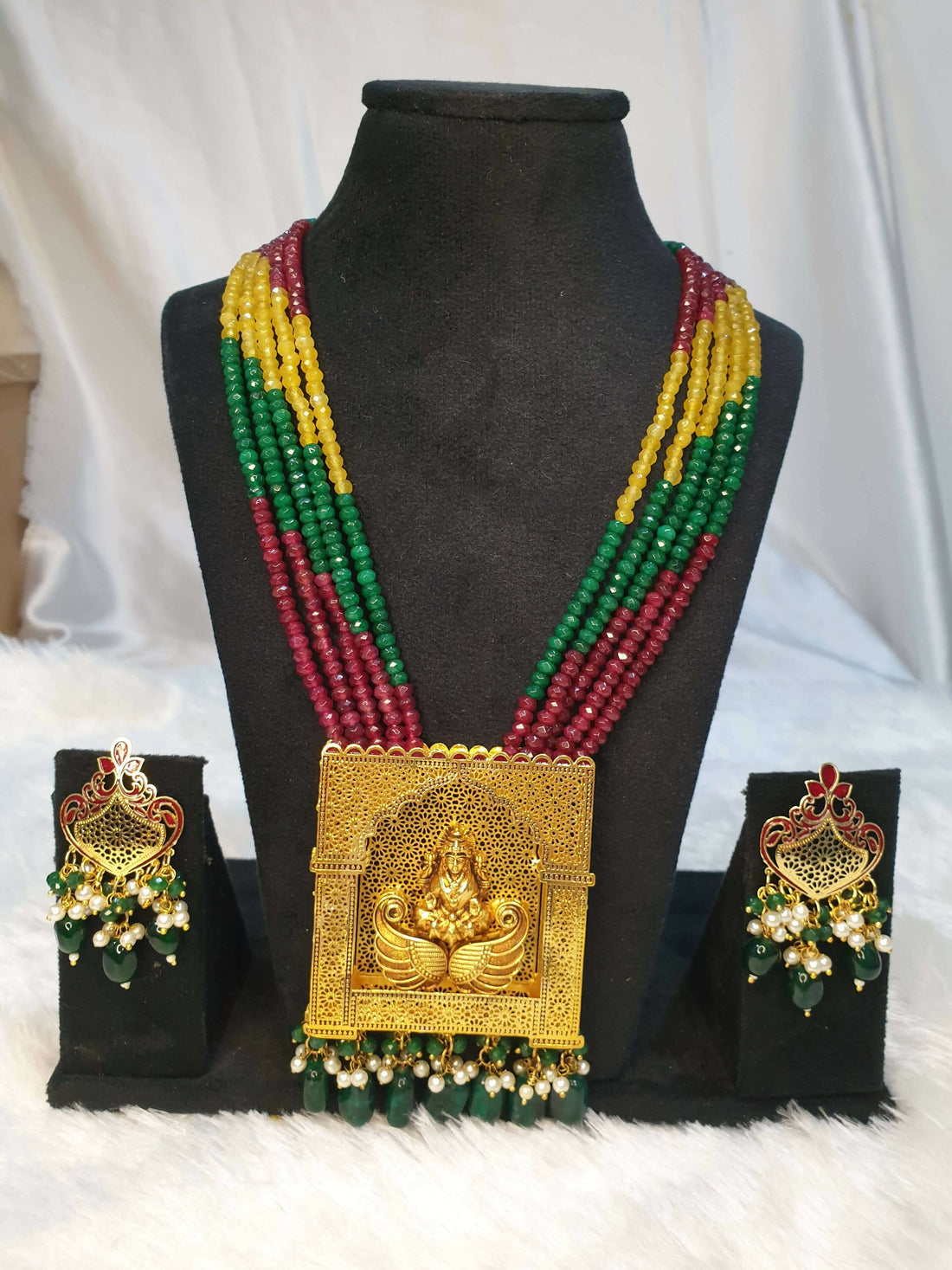 Multi-Colored Long Necklace with Square Laxmi Pendant