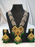 Pearl-Adorned Long Beaded Necklace with Unique Pendant Design with matching pair of earrings on the black showpiece.