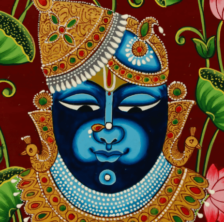 A vibrant and ornate painting of Shrinathji, a form of Krishna, depicted with blue skin, adorned in a gold and jewel-encrusted crown and necklace, set against a rich red background with green leaves and pink lotus flowers.