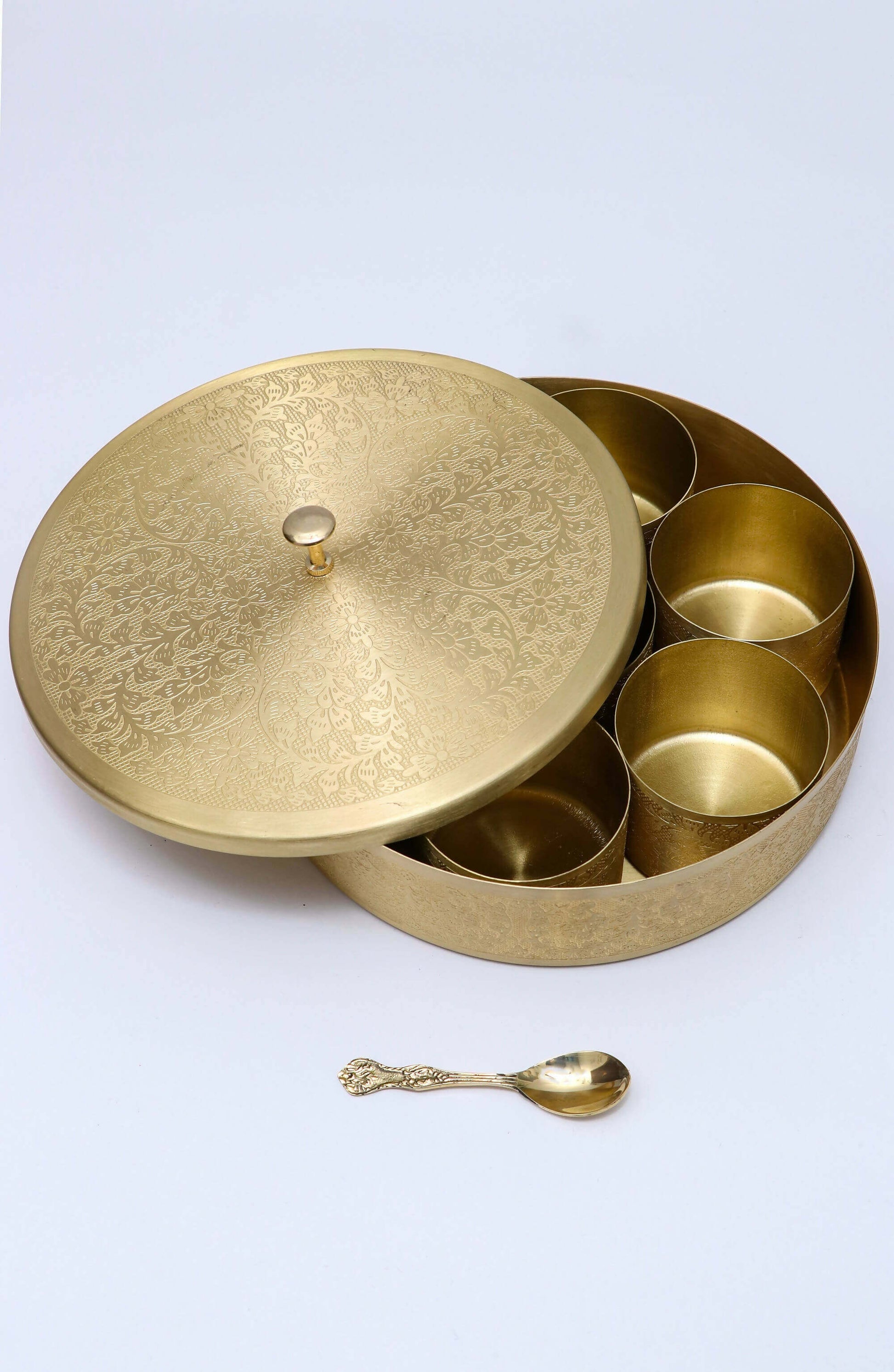 Brass Spice Container with Embossed Lid 7 Compartments and 1 Spoon