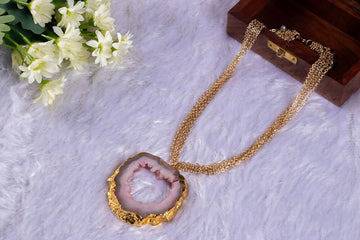 Rose Quartz Large Semi Precious Statement Necklace with Multi Rows Fine Brass Chains in 18K Gold Finish .