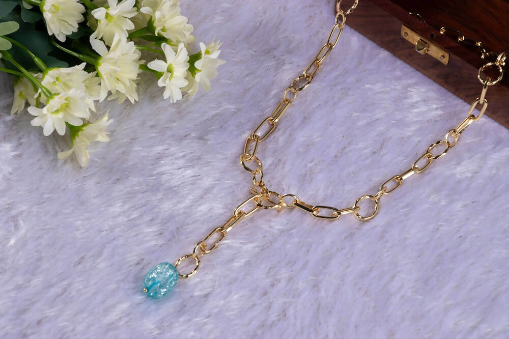 T-Bar Link Chain Long “Y†Necklace With Semi Precious Aqua Stone in Gold Finish