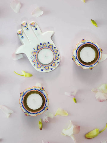 Set of 3 Handpainted Hamza Hands with Diya for Home Decor and Festive Use