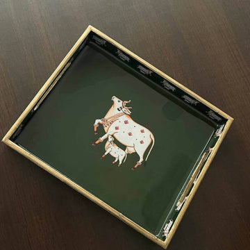 Green Square Pichwai Tray with traditional artwork
