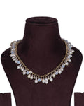 A long baroque pearl and MOP shell pearl necklace displayed on a mannequin bust, with a golden chain and teardrop pendants.