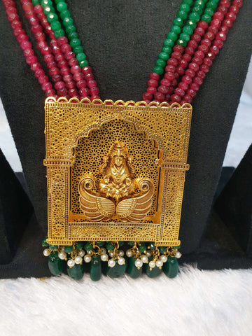Multi-Colored Long Necklace with Square Laxmi Pendant