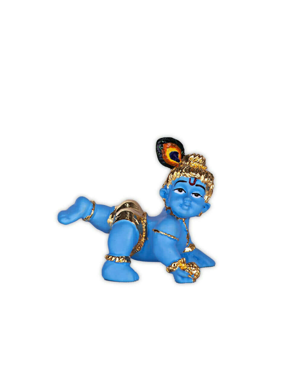 A blue idol of crawling baby Krishna (Laddu Gopal or Bal Gopal), depicted with a peacock feather in his hair and wearing gold-colored ornaments on his arms, waist, and ankles.