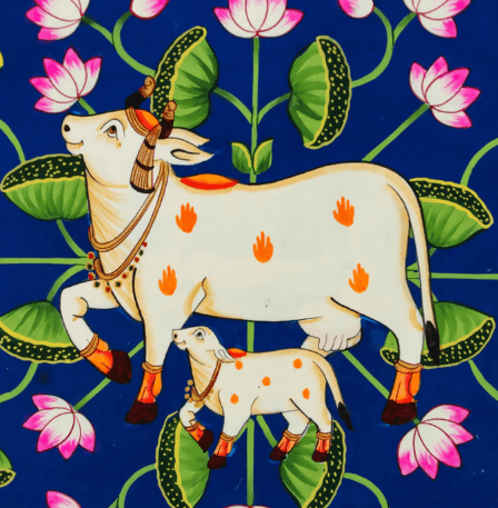 Handcrafted Hand-painted Wooden Pichwai Cow Painting Blue