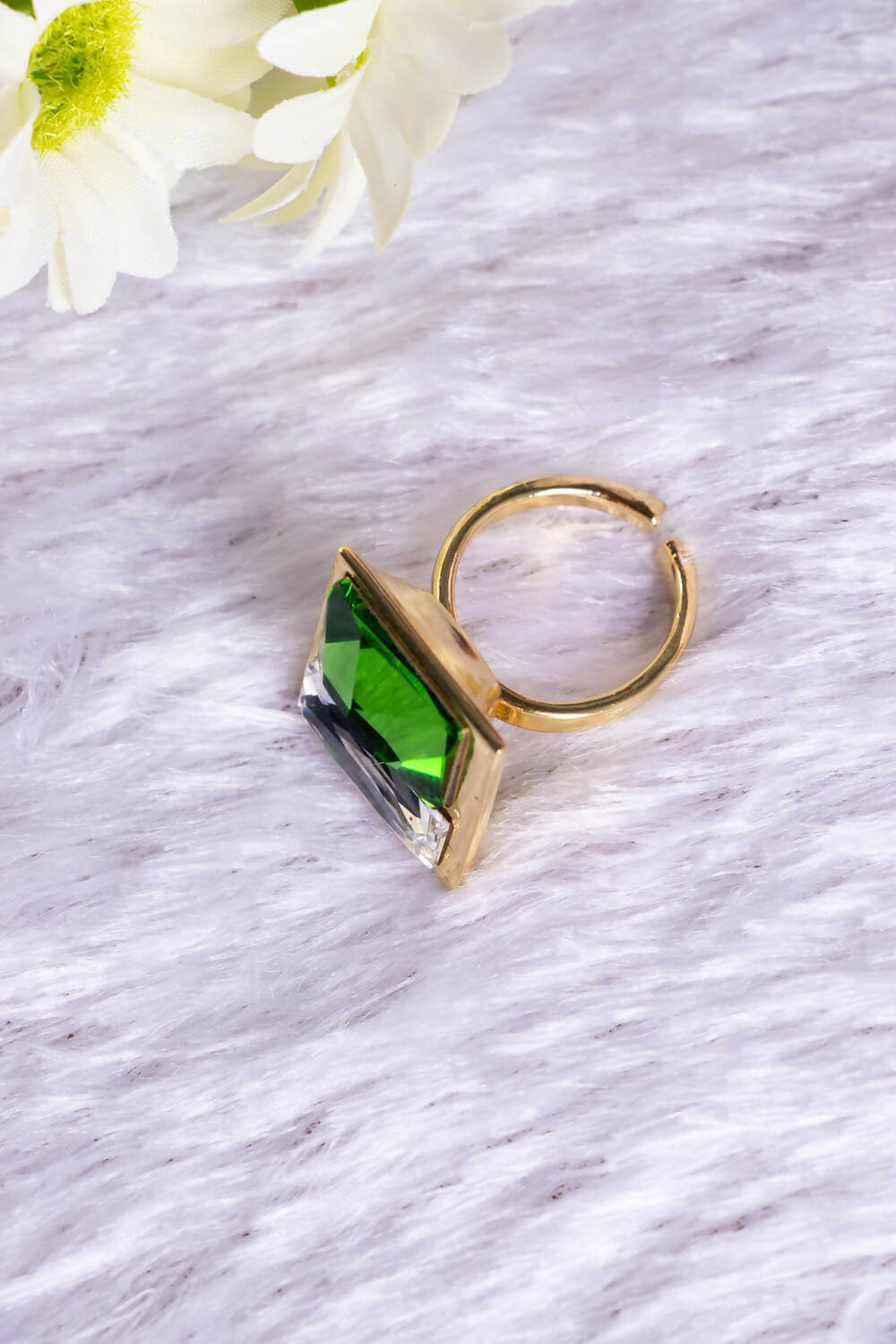 2 Stone Swarovski Crystal Brass Metal Finger Ring green