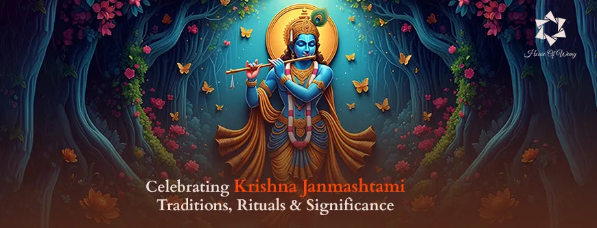 Illustration of Lord Krishna playing the flute, surrounded by glowing butterflies and vibrant forest flowers, representing Krishna Janmashtami traditions and celebration.