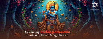 Illustration of Lord Krishna playing the flute, surrounded by glowing butterflies and vibrant forest flowers, representing Krishna Janmashtami traditions and celebration.