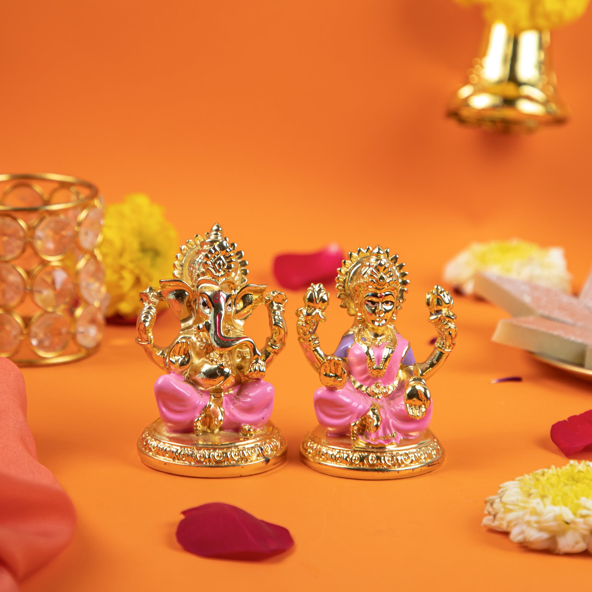 Gold Laxmi Ganesh Idol (3 inches) (Pink)