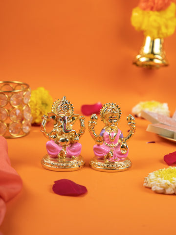 Gold Laxmi Ganesh Idol (3 inches) (Pink)
