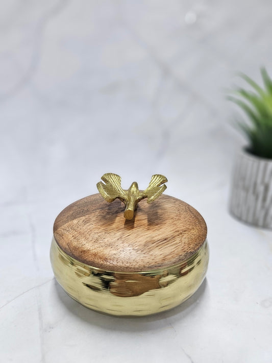 Gold Coloured Brass Jar with Wooden Lid