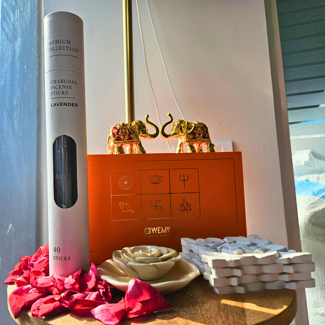 Incense Sticks with Ceramic Rose Incense Holder, Wooden Coaster & 2 Gold Plated Trunk Up Elephant Statues 