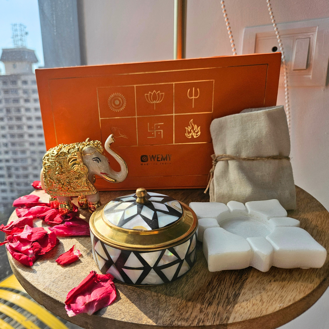 Marble Tea Light Holder, Pearl Enamel Trunk-up Elephant, Mother of Pearl & Brass Trinket Box & Dry Fruit Pouch