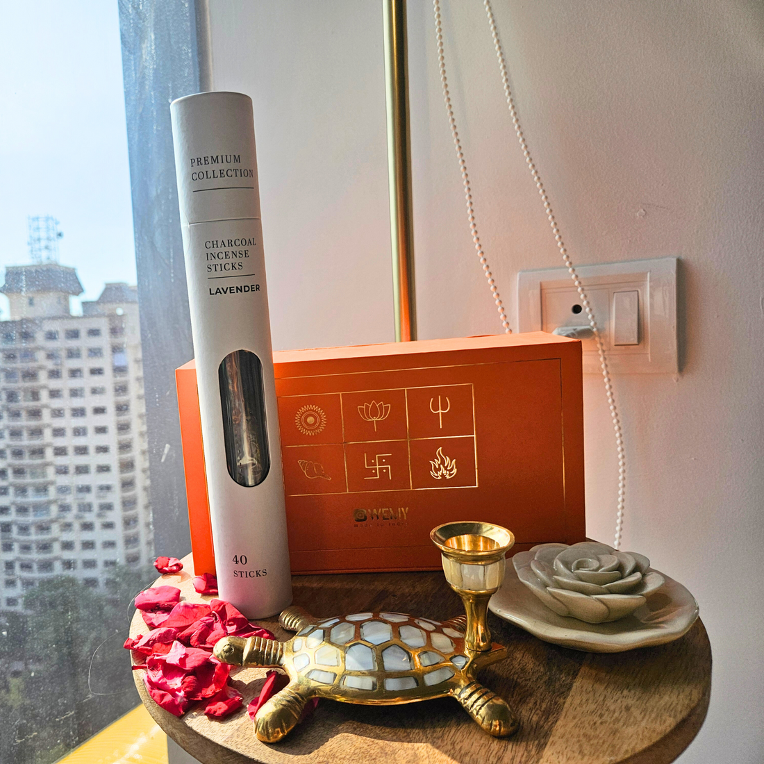 Premium Incense Sticks with Ceramic Rose Incense Holder & Mother of Pearl & Brass Turtle Candle Stand